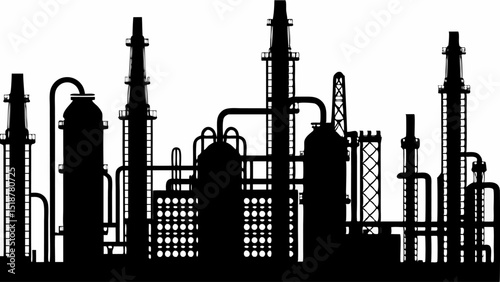 Silhouette depiction of an industrial complex with towers and pipes against a white background viewscape |eps vectors set