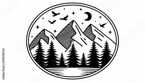 Illustration of a mountain range with trees birds moon and stars inside of a circle border design |eps vectors set silhouette