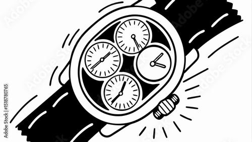 Illustration of a wristwatch with four subdials and a black band on a white background design |eps vectors set silhouette
