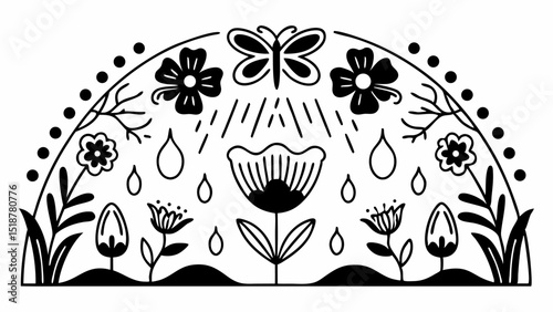 Black and white floral design with butterfly and raindrop elements in a semi circular arrangement style |eps vectors set silhouette