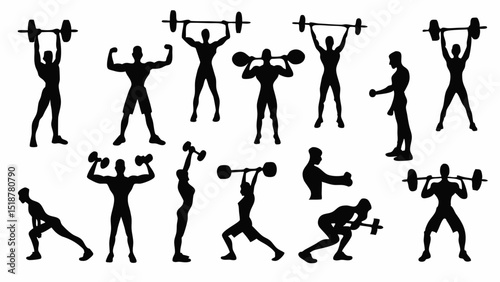 Silhouette collection of men lifting weights and exercising in various poses on a white background |eps vectors set