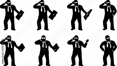 Silhouettes of masked figures in suits holding briefcases and gesturing on a white background design |eps vectors set