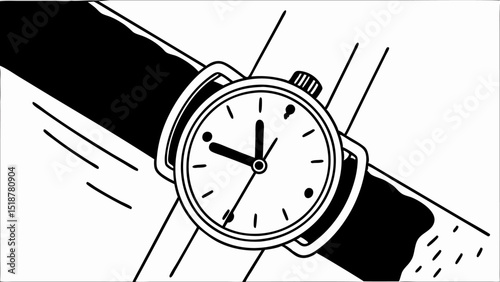 Illustration of a wristwatch with a black band and white face showing the time on a white background |eps vectors set silhouette