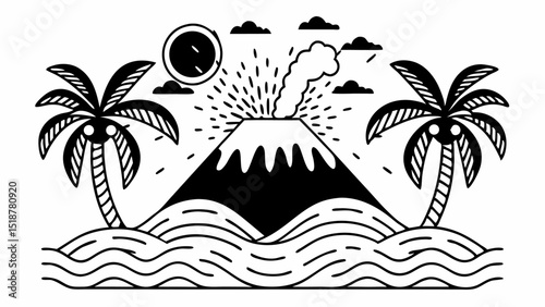 Illustration of a tropical scene with palm trees volcano clouds and a sun in black and white style art |eps vectors set silhouette
