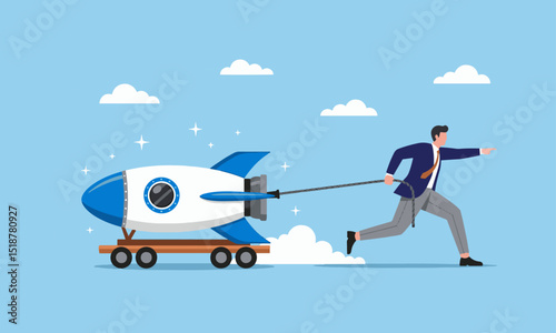 Dynamic Businessman Accelerating a New Rocket Startup Towards Success