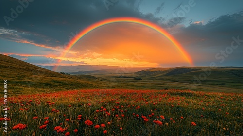 Rainbow over poppy field at mountain sunset