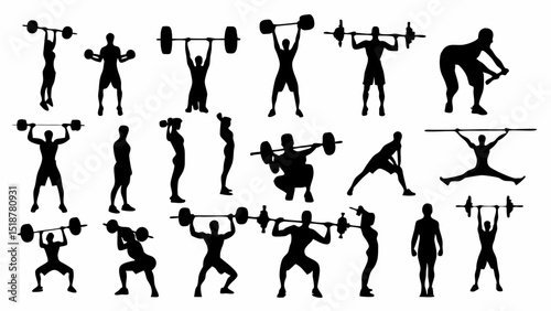 Silhouettes of people lifting weights and doing various exercises in different poses and positions |eps vectors set