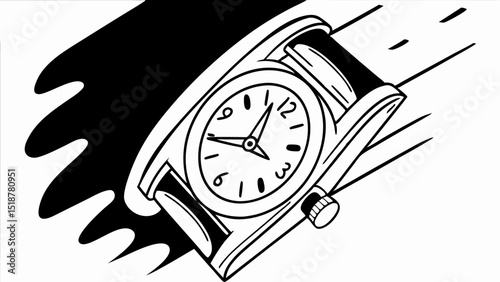 A black and white drawing of a wristwatch with a shadow and a black band showing the time on the face |eps vectors set silhouette