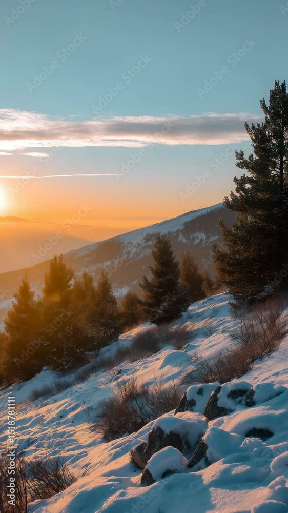 A snowy mountain ridge glows under the rising sun in a cinematic vertical timelapse. Concept of natural wonder and seasonal transition