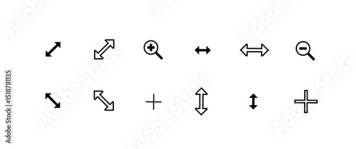 d Move Cursor Icon Set – Minimal Line UI/UX Pointers for Object Resizing, Directional Movement, Pan, and Zoom In/Out Tools