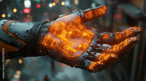 Futuristic robot hand in city night