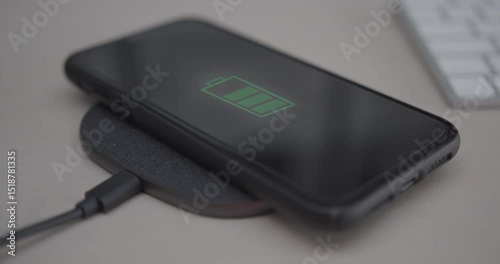 Wireless Charging Pad Powering a Smartphone Battery on a Desk Surface photo