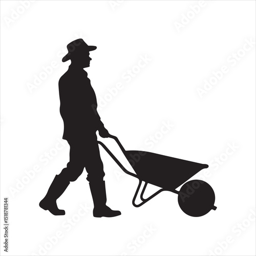 Gardener with Wheelbarrow Silhouette: Farmer Pushing Cart for Yard Work & Landscaping.


