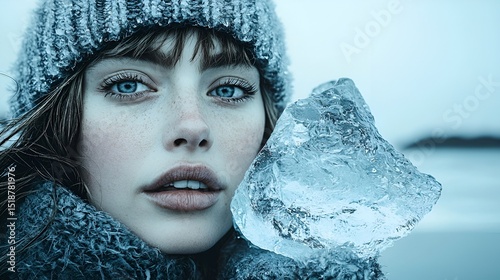 Woman with ice, winter beach portrait