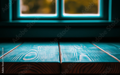 Teal wood table by window background blue green paint