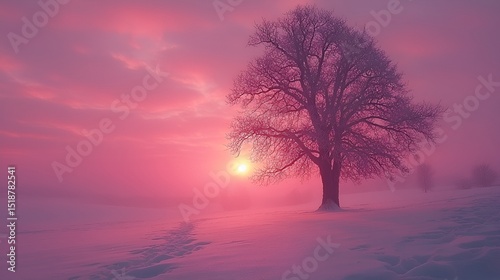 Winter Sunrise, Snowy Landscape, Silhouetted Tree