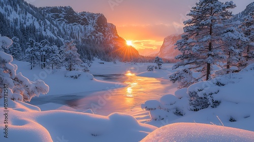Winter Sunrise Over Snowy Mountain Lake