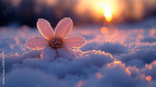 Delicate flower in snow at sunset
