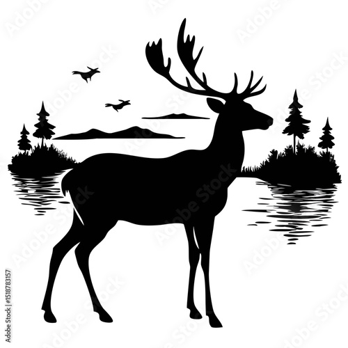 Silhouette of Deer Near Calm Lake Surrounded by Trees at Sunrise