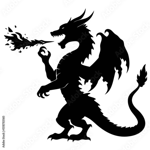 Majestic Dragon Silhouette Breathing Fire Against a Dark Background at Twilight