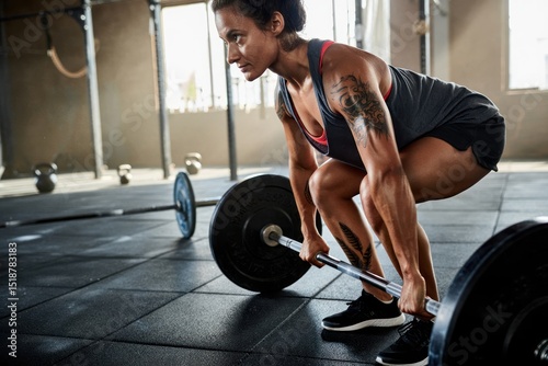 focused woman with tattoos lifting a heavy barbell in a gym during workout session