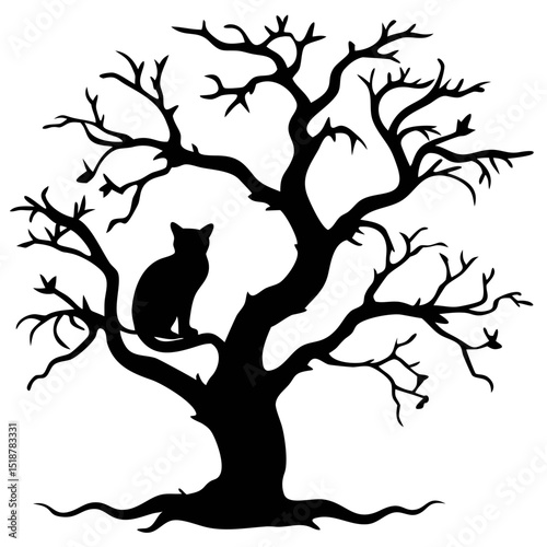 Silhouette of a Cat Sitting Among the Branches of a Bare Tree at Dusk