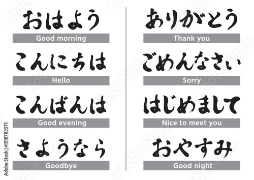 筆で書いた日本語のあいさつセット