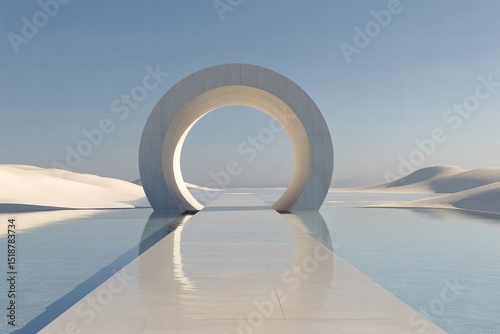 Architectural Circle: Serene vista of a monolithic circle standing over a calm pool, reflecting in tranquil white sand dunes.