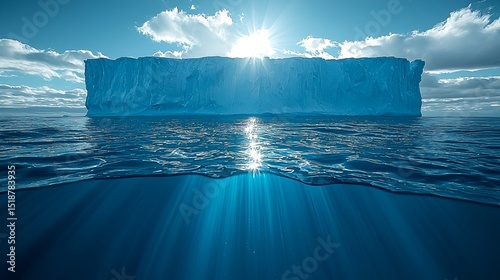 Antarctic iceberg, sunlight reflecting, ocean split view