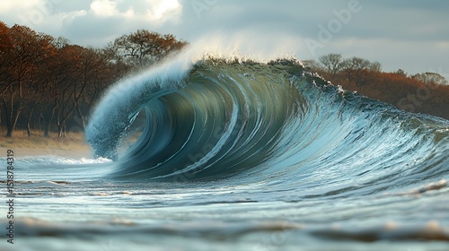 Powerful ocean wave, coastal landscape, autumnal trees