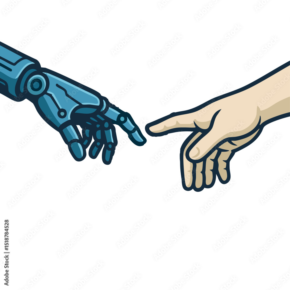 Fototapeta premium Human and Robot Hands Reaching – AI and Humanity Connection Vector Illustration