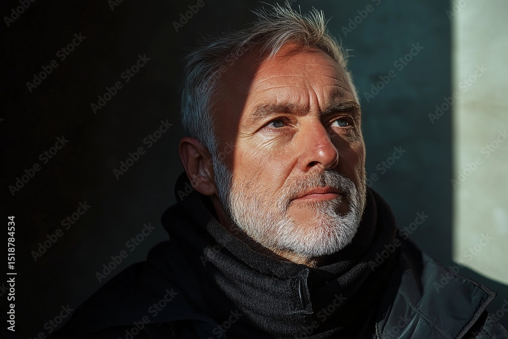Fototapeta premium Contemplative Senior Man with Beard in Urban Winter Attire. Thoughtful Natural Light Portrait