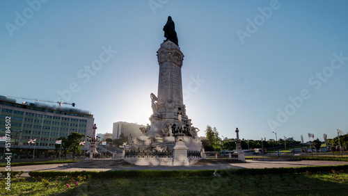 The Marquess of Pombal Square with sunset which is an important roundabout in the center of Lisbon timelapse