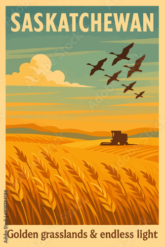 Saskatchewan Travel Poster – Wheat Fields and Prairie Landscape Vector