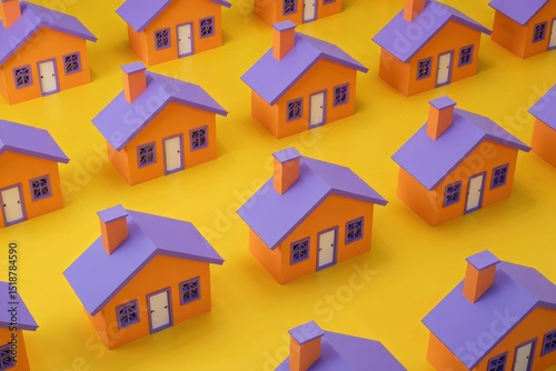 Multiple small orange houses with purple roofs and chimneys arranged in neat rows on a yellow surface creating a repetitive pattern