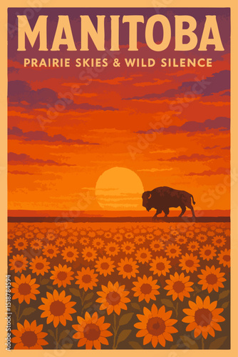 Manitoba Sunset Poster with Bison and Sunflower Field – Canada Travel Vector