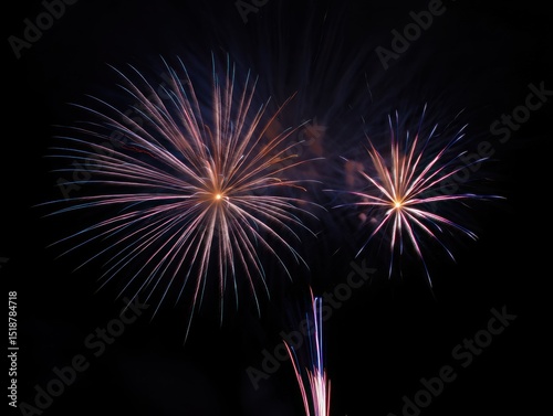 Bright colorful fireworks exploding against a dark night sky, creating a festive and celebratory atmosphere