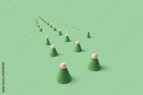 Rows of green cones topped with pink spheres receding into the distance on a green background creating a clean geometric pattern with a calm minimalist feel