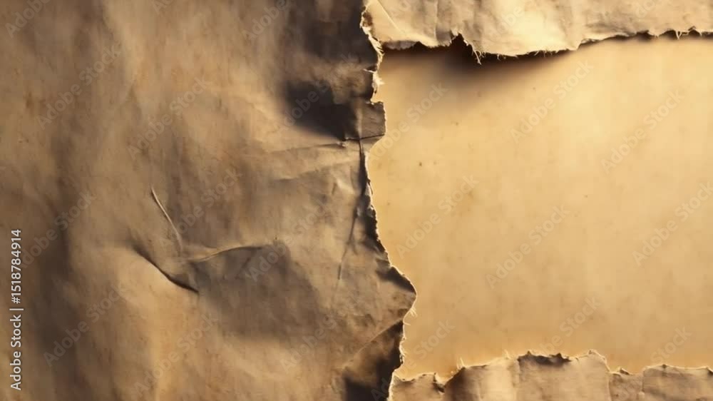 Close up of torn edges of brown paper forming a frame around a darker brown center space background texture video