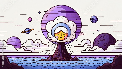 Illustration of a peaceful female figure with white hair and closed eyes emerging from a mountain surrounded by water under a sky with multiple purple planets and clouds