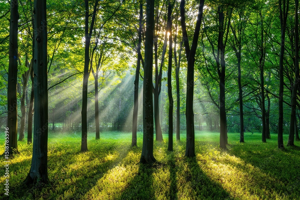 Obraz premium Sunlight streams through tall trees in a green forest casting long shadows and creating a serene and peaceful atmosphere