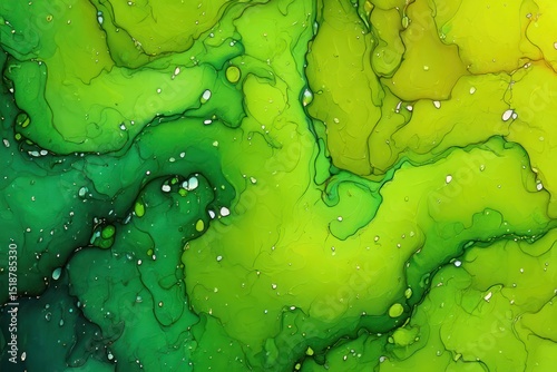 Abstract fluid art with flowing green and yellow hues blending together with organic shapes and delicate white speckles creating a vibrant and dynamic texture