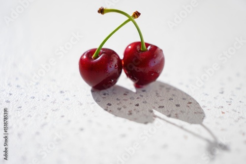 Two fresh red cherries with green stems touching each other casting a heart-like shadow on a white textured surface with water droplets