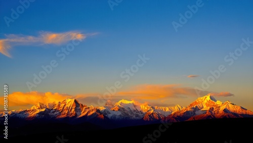 Snow-capped mountain range illuminated by warm golden sunlight under a clear blue sky with scattered clouds during sunset