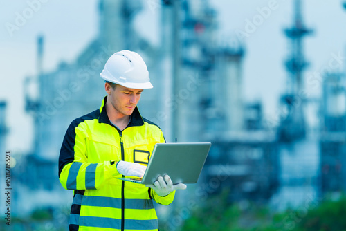 Male petrochemical industry engineer working on laptop computer and inspection petroleum oil refinery plant construction site. Industrial engineering technician maintaining energy power gas system.