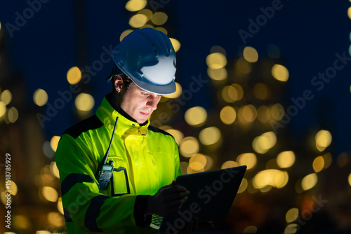 Petrochemical industry engineer working on laptop computer, speaking on walkie talkie, inspection petroleum oil refinery plant construction site at night. Technician maintaining energy power system.