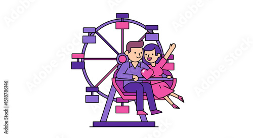 Romantic Ferris Wheel Ride: A cheerful couple shares a moment of bliss, soaring high above on a whimsical ferris wheel, embodying the joy of a shared amusement park adventure.