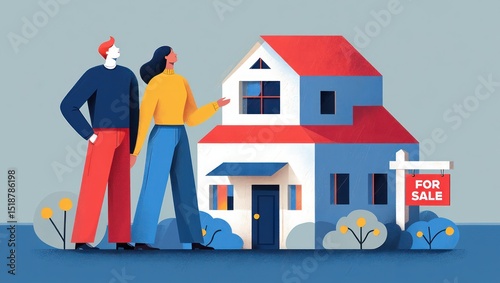 Couple standing in front of a two-story house with a red roof and a for sale sign, discussing or planning a home purchase with calm and hopeful expressions