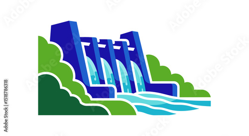 Hydroelectric Dam: A striking illustration showcases a robust hydroelectric dam harnessing the power of flowing water, symbolizing sustainable energy and technological ingenuity.
