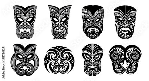 Tribal Masks: A collection of intricate black and white tribal masks showcases the artistry and cultural significance of traditional designs. These masks represent diverse expressions, patterns.